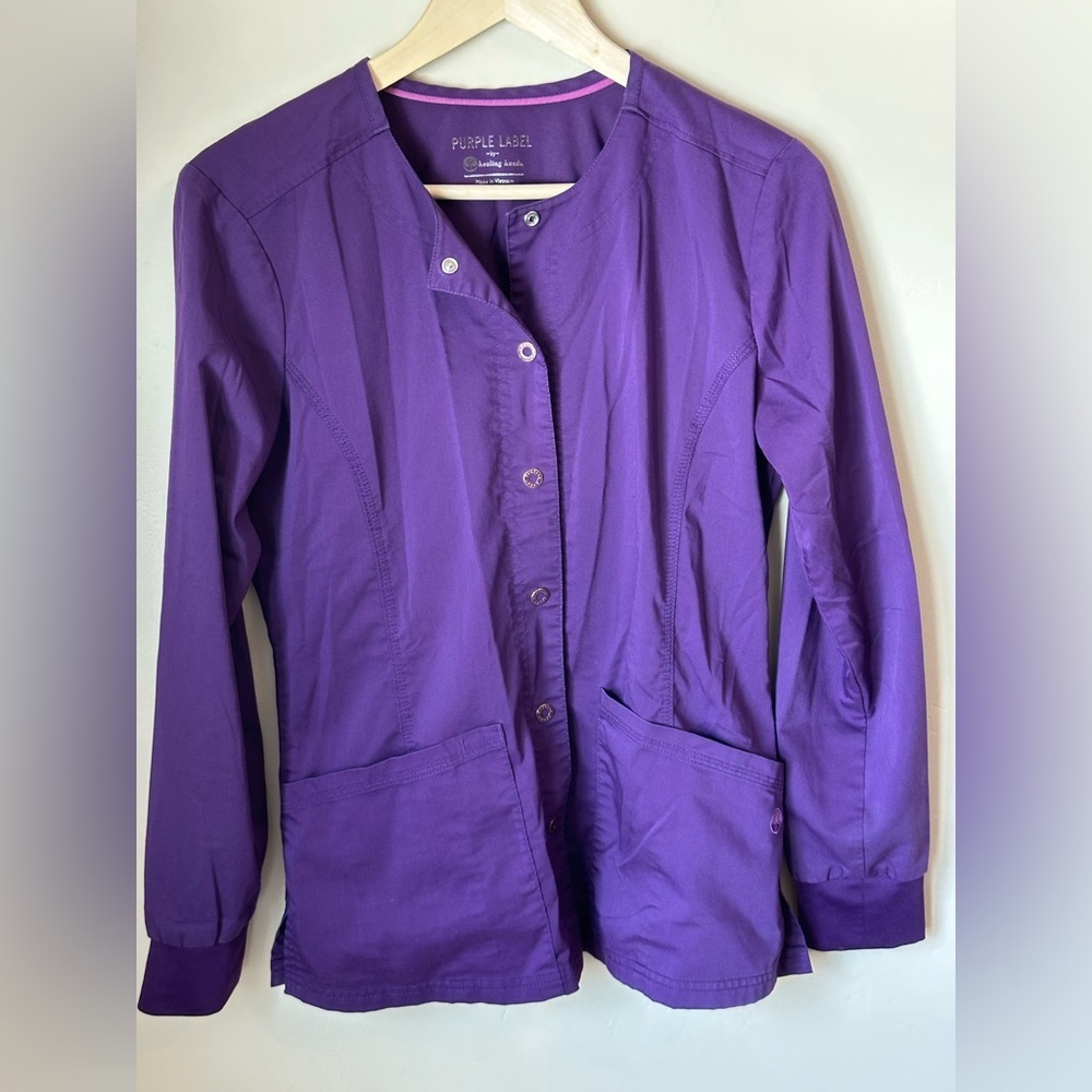 Healing Hands Purple Button Down Scrub Jacket - SMALL P2P 20”